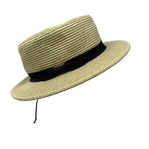 Straw Boater Hat Womens Natural Black Band Adjustable Size 57cm Summer